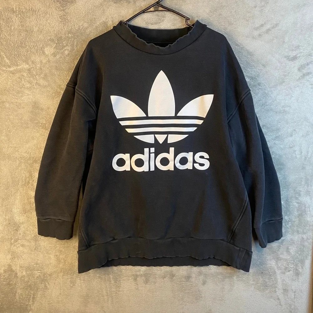 Adidas Sweatshirt Mens Large Trefoil Logo Black Long Sleeve EUC